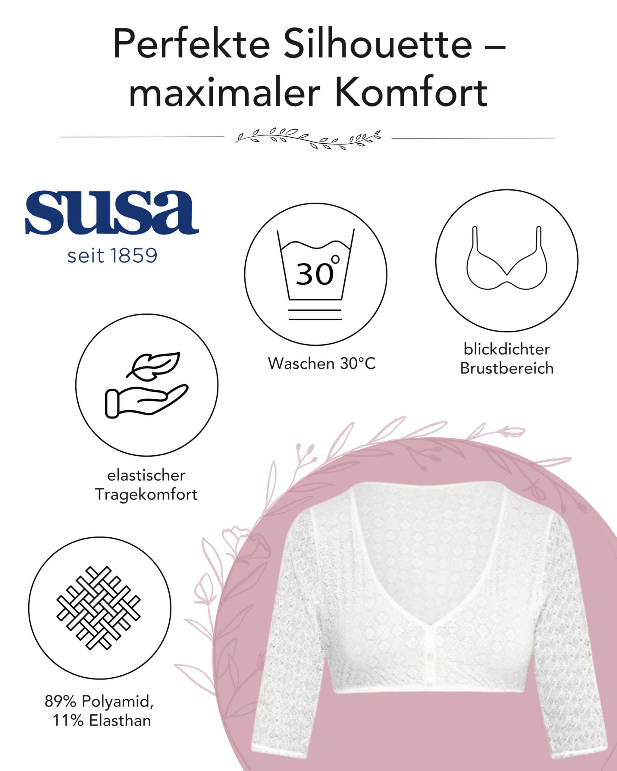susa-damen-dirndlbluse-3-4-arm-mit-spitze-und-v-ausschnitt-gr-32-48 image 3
