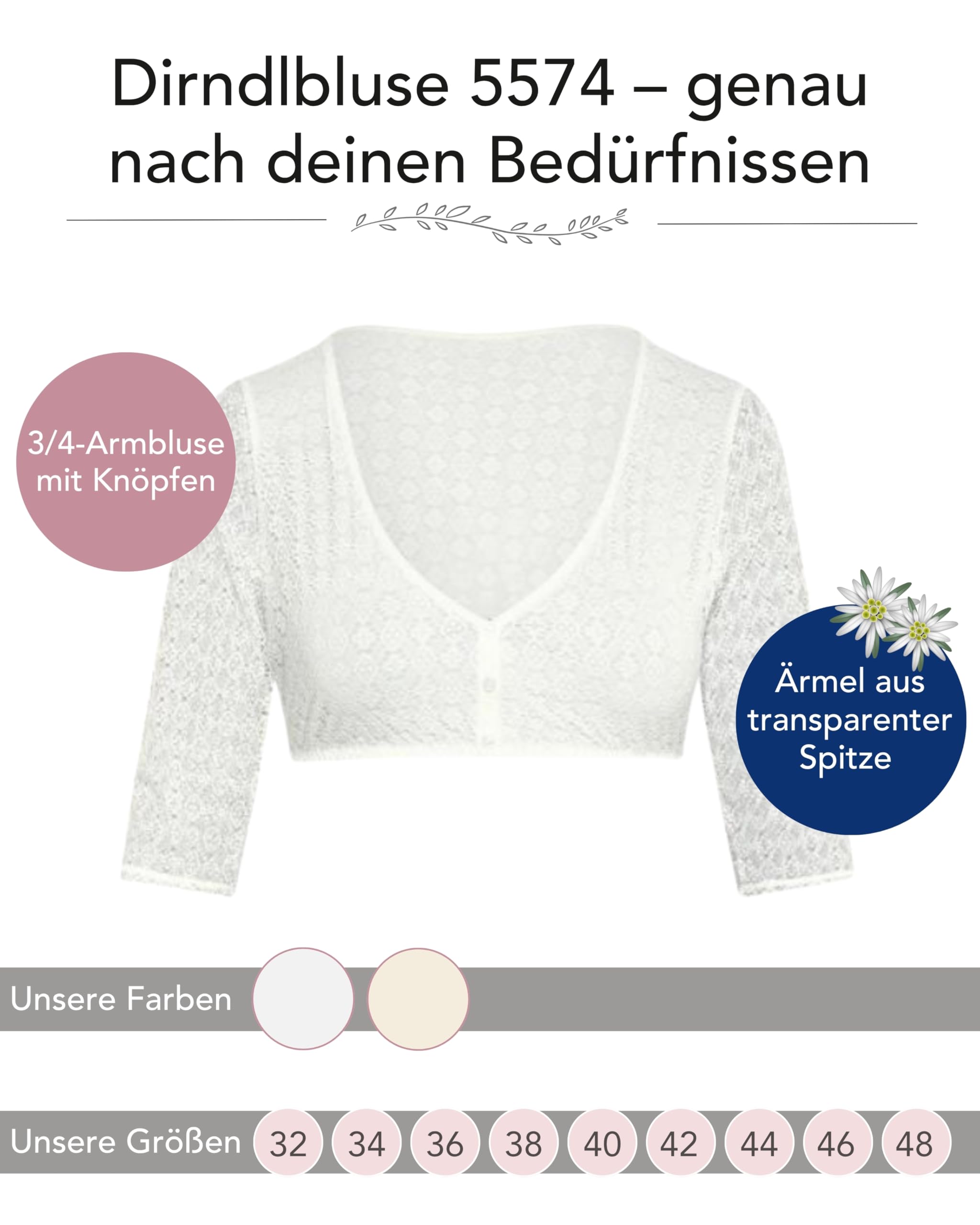 susa-damen-dirndlbluse-3-4-arm-mit-spitze-und-v-ausschnitt-gr-32-48 image 2